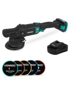 Dual action polisher 20V 125mm - With 2Ah battery, charger and 5 beveled edge pads